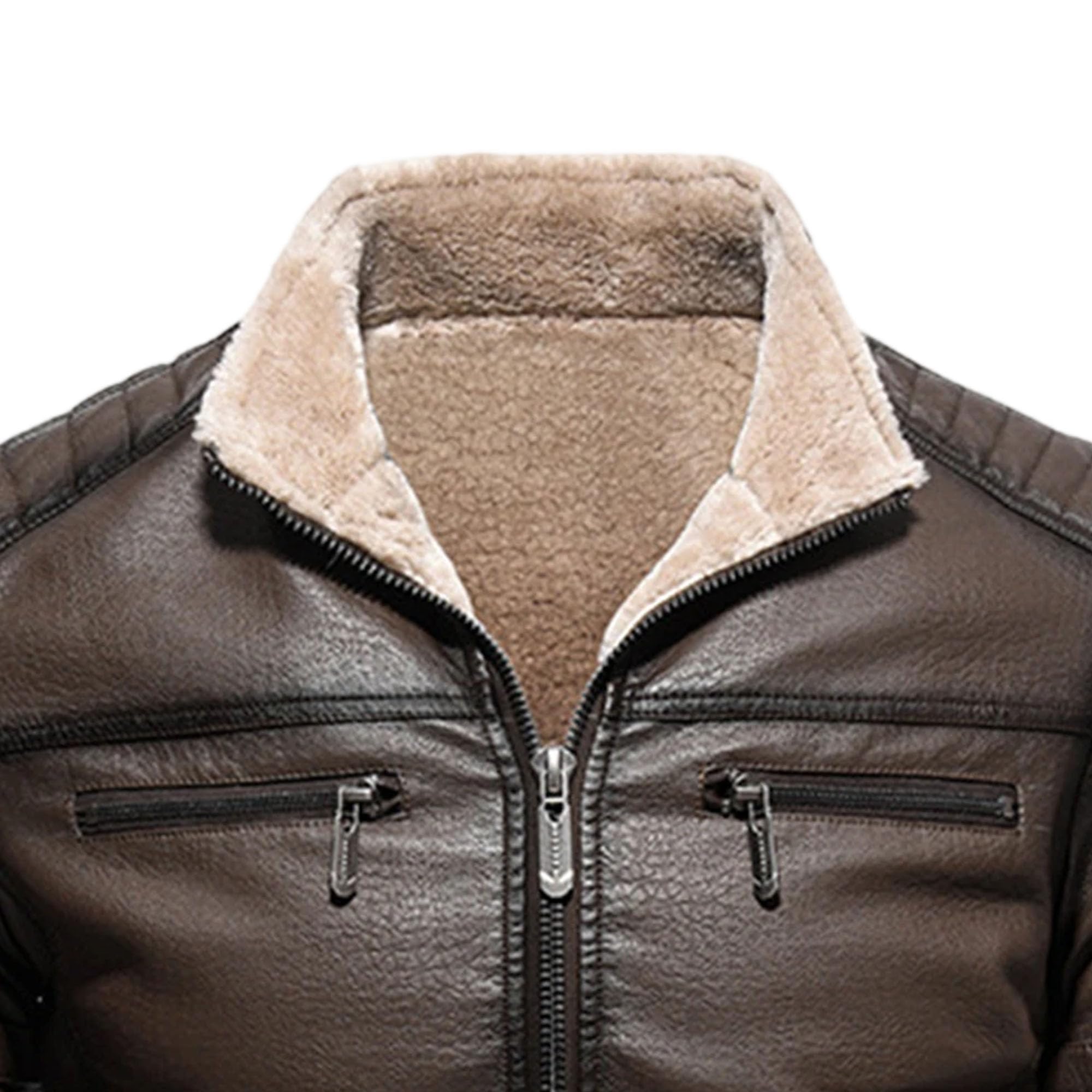 Chaqueta de motociclista de piel sintética para hombre, con forro polar y cuello alto, elegante y cálida para el invierno.