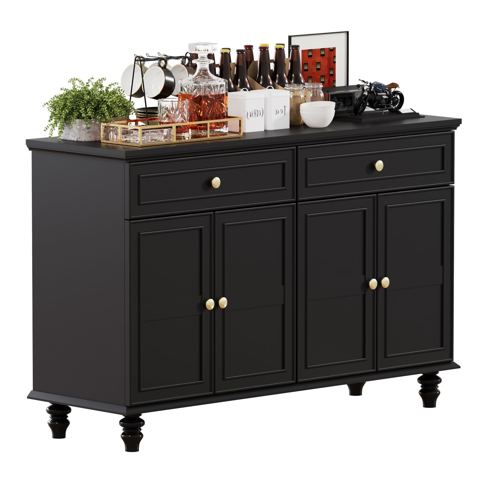Condition photo showing New/Like New for proxracer 48" farmhouse sideboard buffet cabinet with 2 drawers & 4 doors, large storage spaces with adjustable shelves, rustic kitchen dining room cabinet, black (pre-assembled.)
