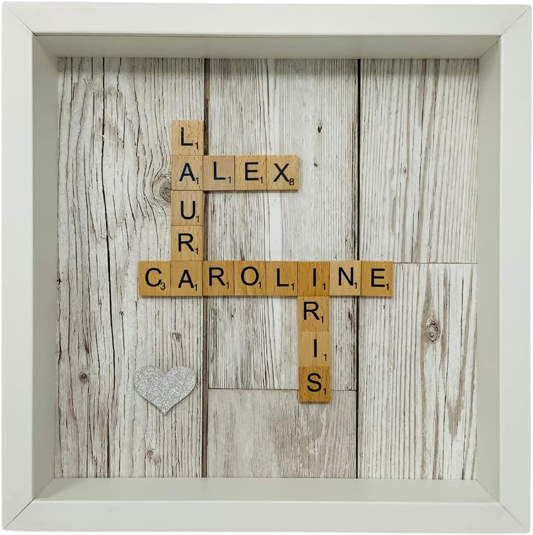 Personalised Scrabble Tile Box Picture Frame Choose Ivory or Wooden Letters Words - 11 Backgrounds To Choose (White Wood)
