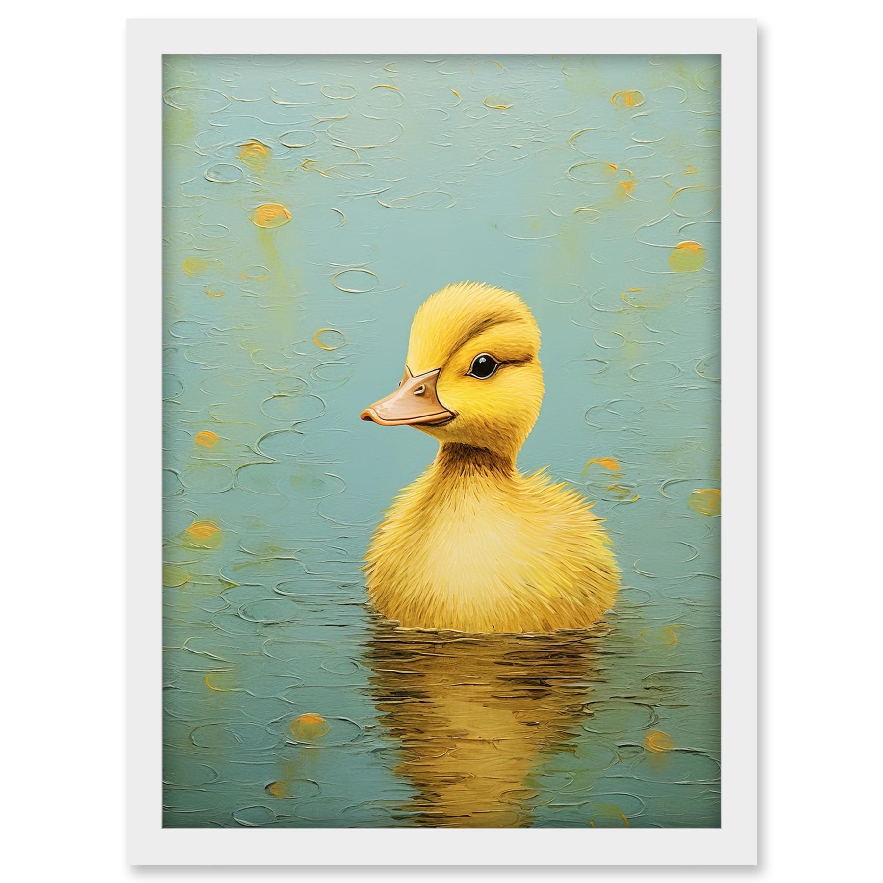 Artery8 Duckling on the Water Oil Painting Yellow and Duck Egg Blue Baby Artwork Framed A3 Wall Art Print