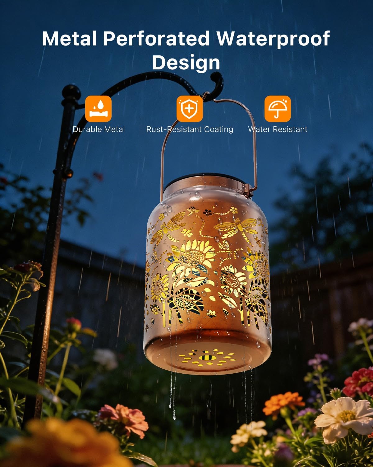 Exteriores Solar Power Lantern Hanging Waterproof Dragonfly Sunflower Light | Metal Vintage Style for Outside Patio Yard Garden, Project Ground Pattern, Decoration Gift for Women Mom, Warm White lighting