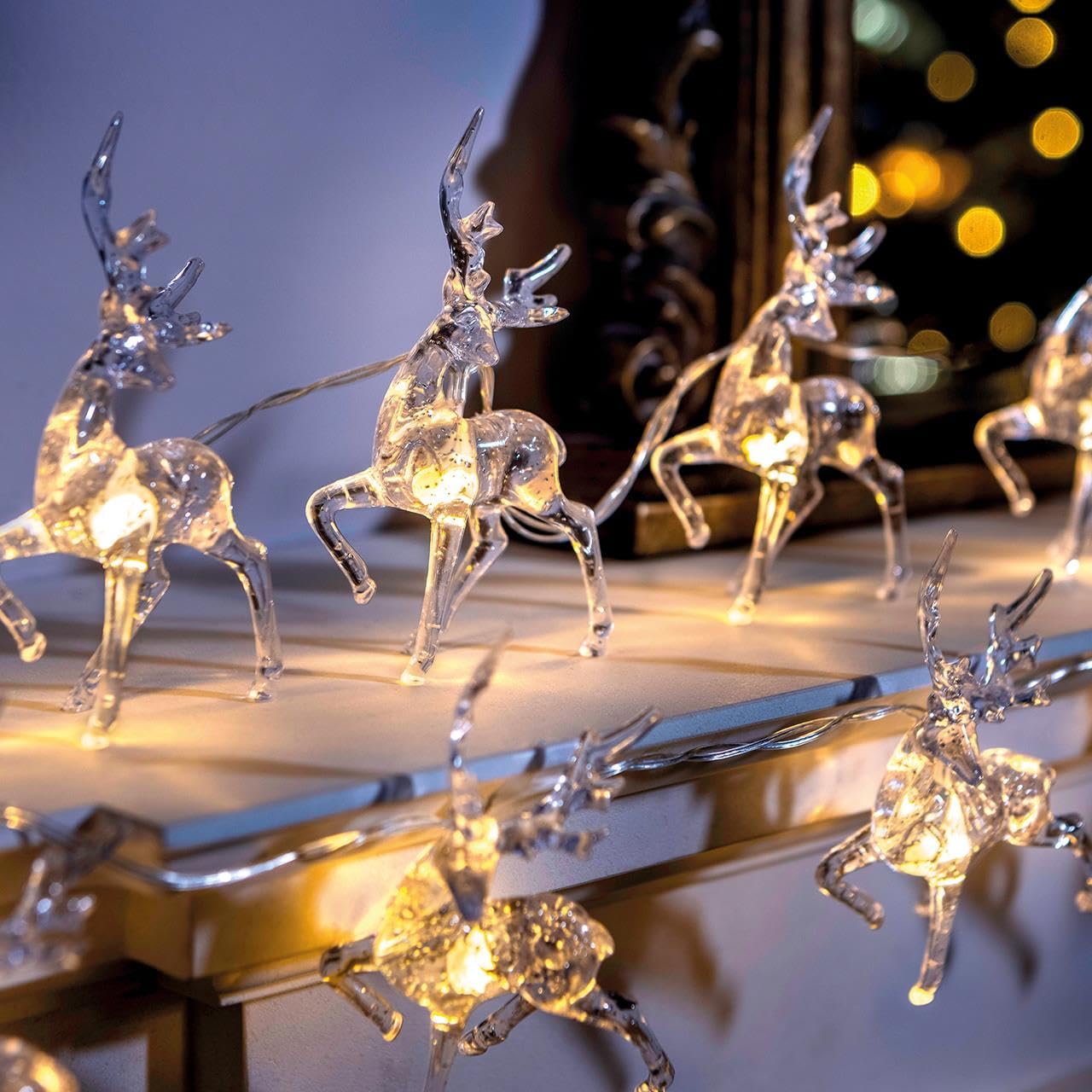 Acrylic Reindeer String Lights - 10 Lights - Battery Powered - White LED - Christmas Festive - L1.5m