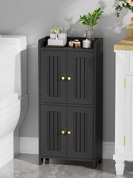 BEWISHOME Small Floor Cabinet,Toilet Paper Storage,Bathroom Storage Cabinet | with 4 Doors and Shelves, Bathroom Organizers and Storage for Small Spaces, Black 7.9" D x 14.6" W x 31" H YYG11B