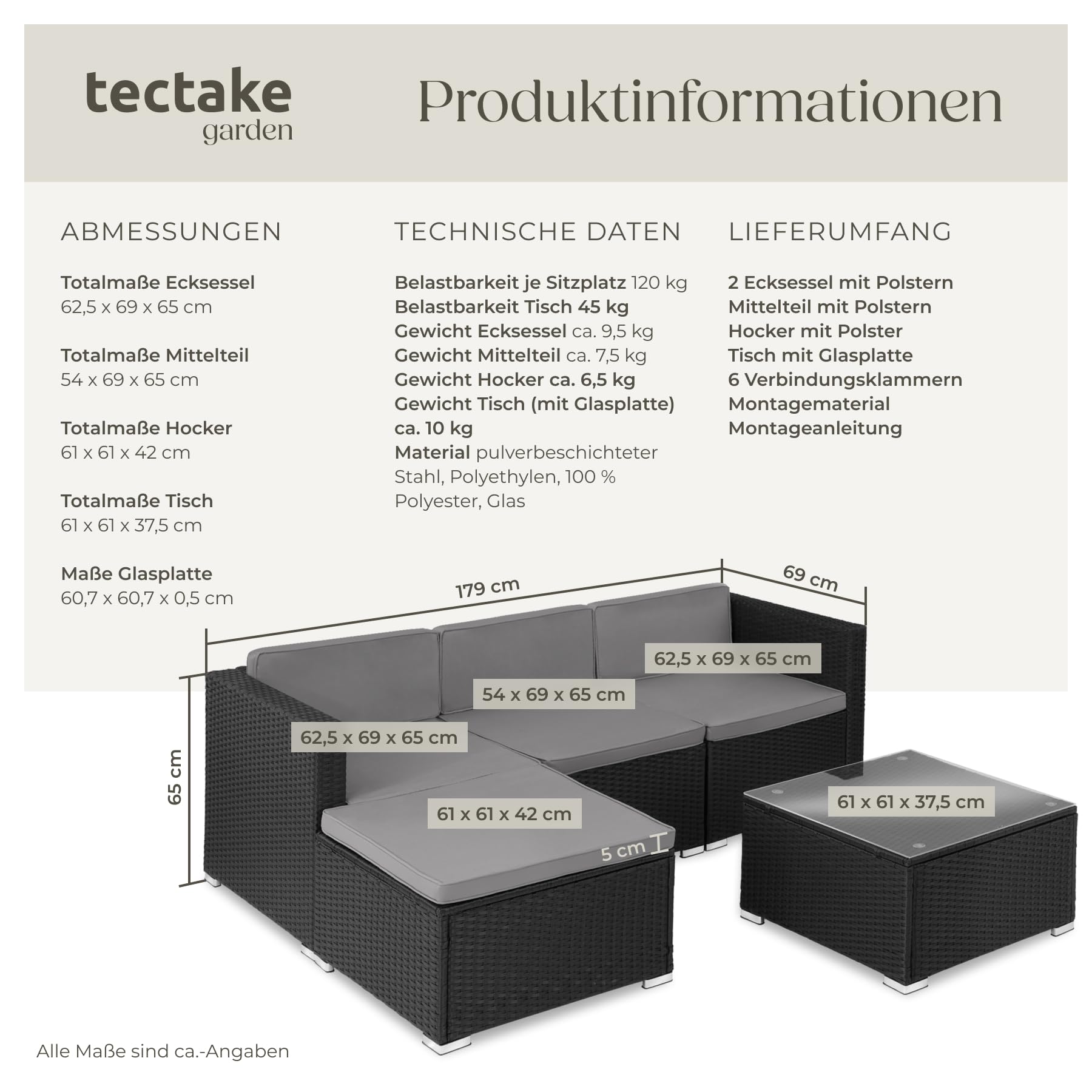 tectake® Poly Rattan Lounge, Outdoor Sitzgruppe, Set mit Sofa Sessel, Hocker, Tisch, frei kombinierbar, Sitzecke für 3-4 Personen, Möbel wetterfest für Garten Terrasse Balkon - schwarz