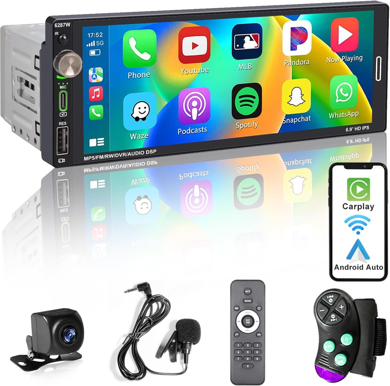 1DIN Bluetooth Autoradio Mit Wireless CarPlay & Android Auto - 6.9 Zoll Touchscreen
