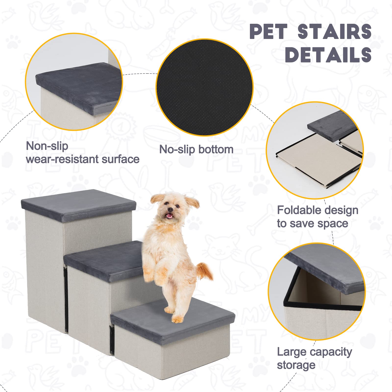 HOMCENT Haustiertreppe 3 Stufen für Hunde Katzen, Faltbare Hundetreppe mit viel Stauraum auch als Katzentreppe Geeignet, 74x33x44CM