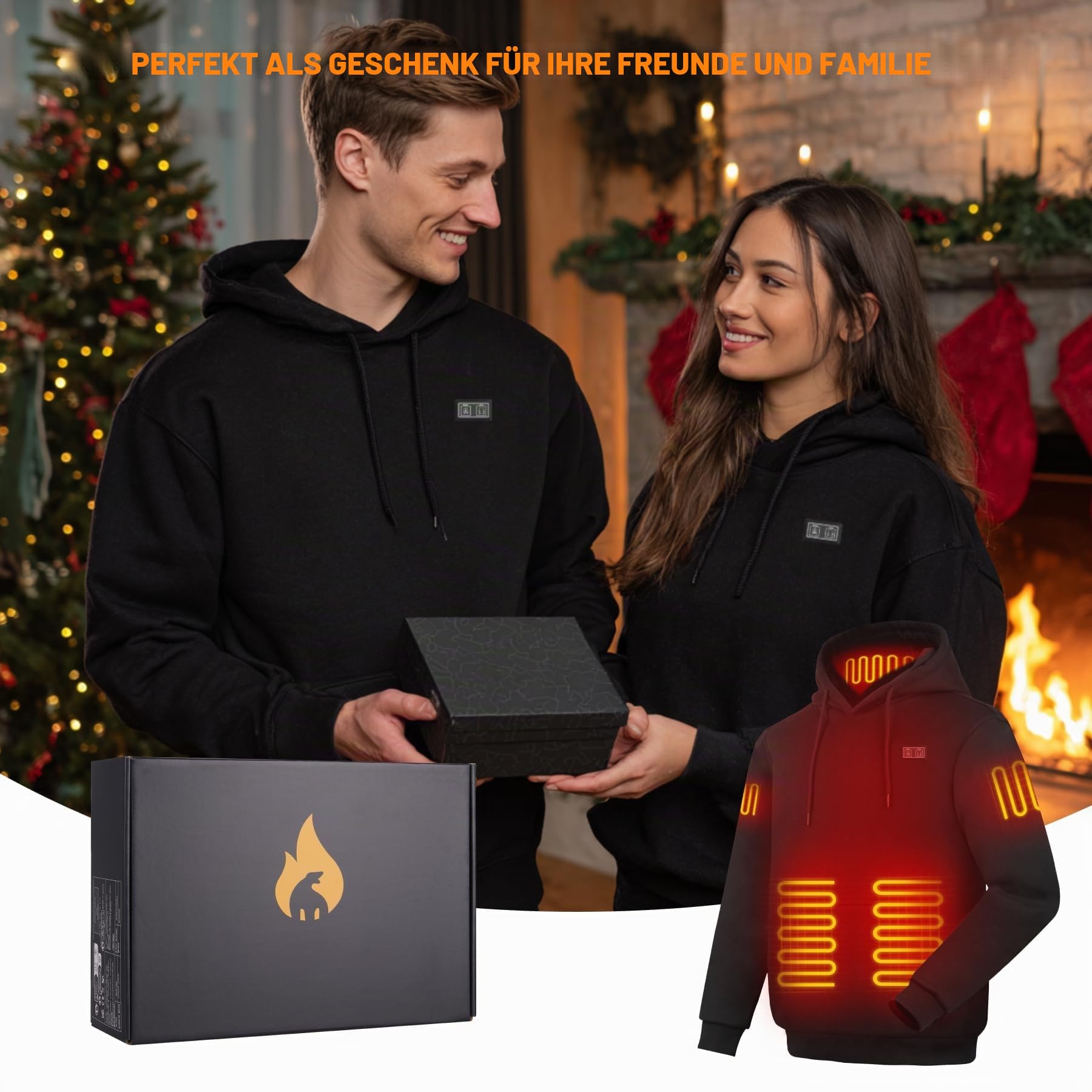 Beheizbarer Hoodie Damen Herren mit Fleecefutter 7,4 V 16000 mAh Akku, Beheizbare Pullover Beheizte Jacke für Skifahren Motorrad Camping, 3 Temperaturstufen 6 Heizzonen