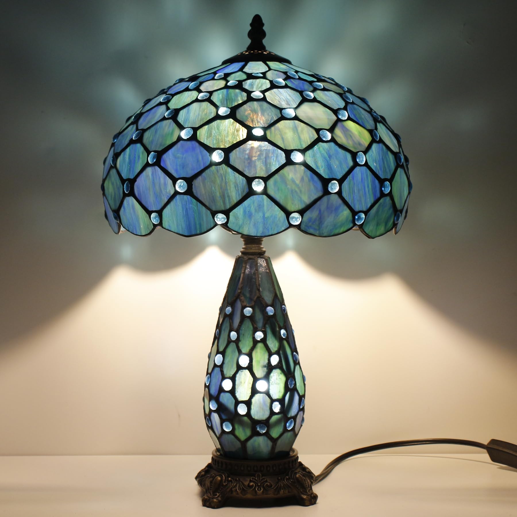TCODTPOL Tiffany Stained Glass Table Lamp 12X19 Inches,Blue Beads