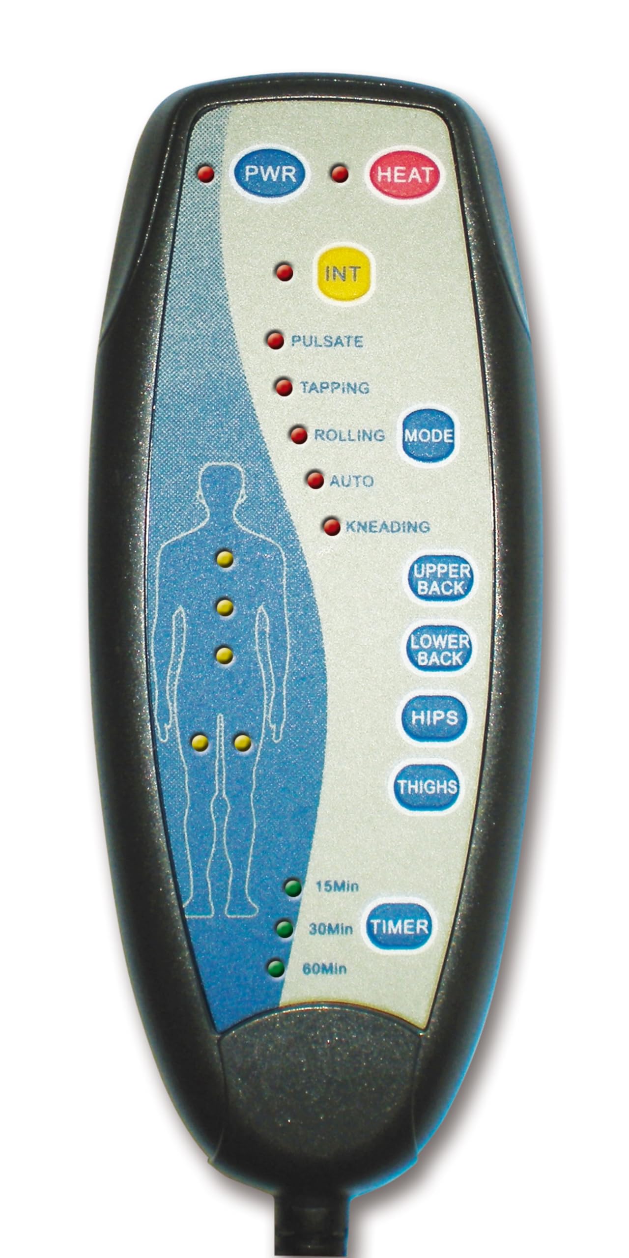 Cuscino massaggiante dal design ergonomico, che unisce la fuzione massaggiante di 5 motori vibranti, a quella riscaldante di un cuscinetto lombare.