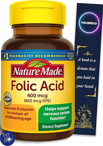 Folic Acid 400 mcg (665 mcg DFE) Tablets, Nature Made Dietary Supplement, 250 Count and Bookmark Gift of YOLOMOLO