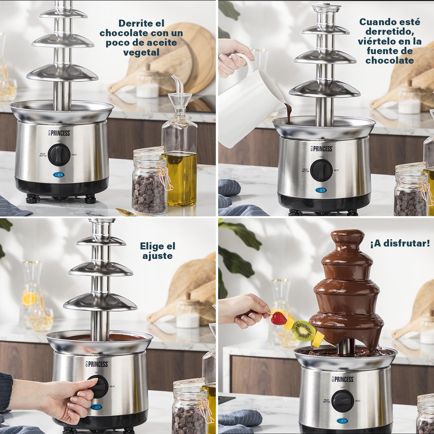 Princess 292999 Fuente de Chocolate XXL, 1.1 litros de capacidad, 4 alturas, carcasa de acero Inoxidable, carcasa de acero inoxidable, apta para todo tipo de chocolate, base antideslizante, 190 W