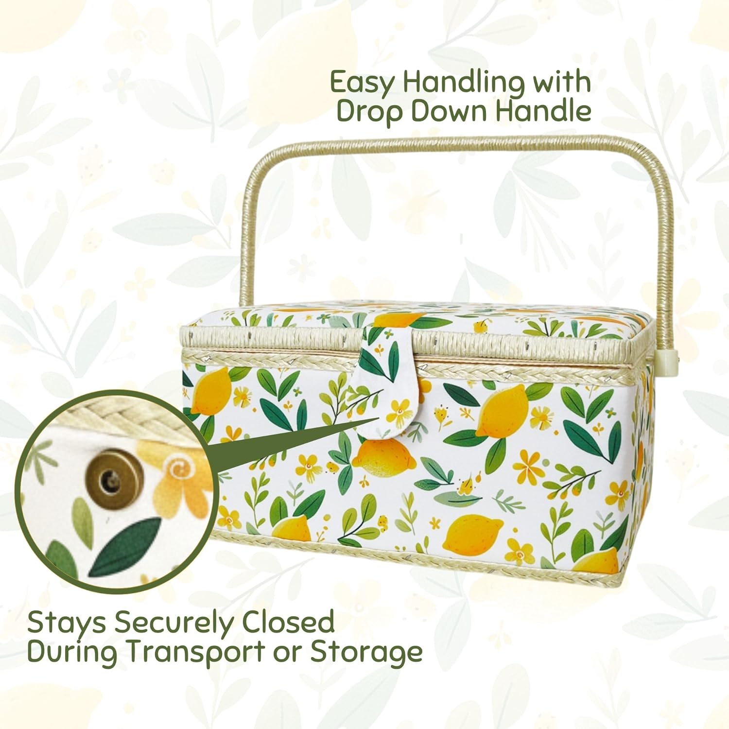 Large Empty Sewing Basket No Kit with Removable Tray, Wooden Organizer for Sewing Supplies Storage, Crafting Mending, Lemonade