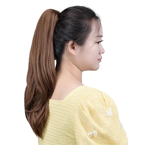 Miniatura 3 de Extensiones de cabello sintético con clip marrón para cola de caballo, 18 pulgadas, lacio, 4.2 onzas, postizos falsos para mujer, Yaki esponjoso,