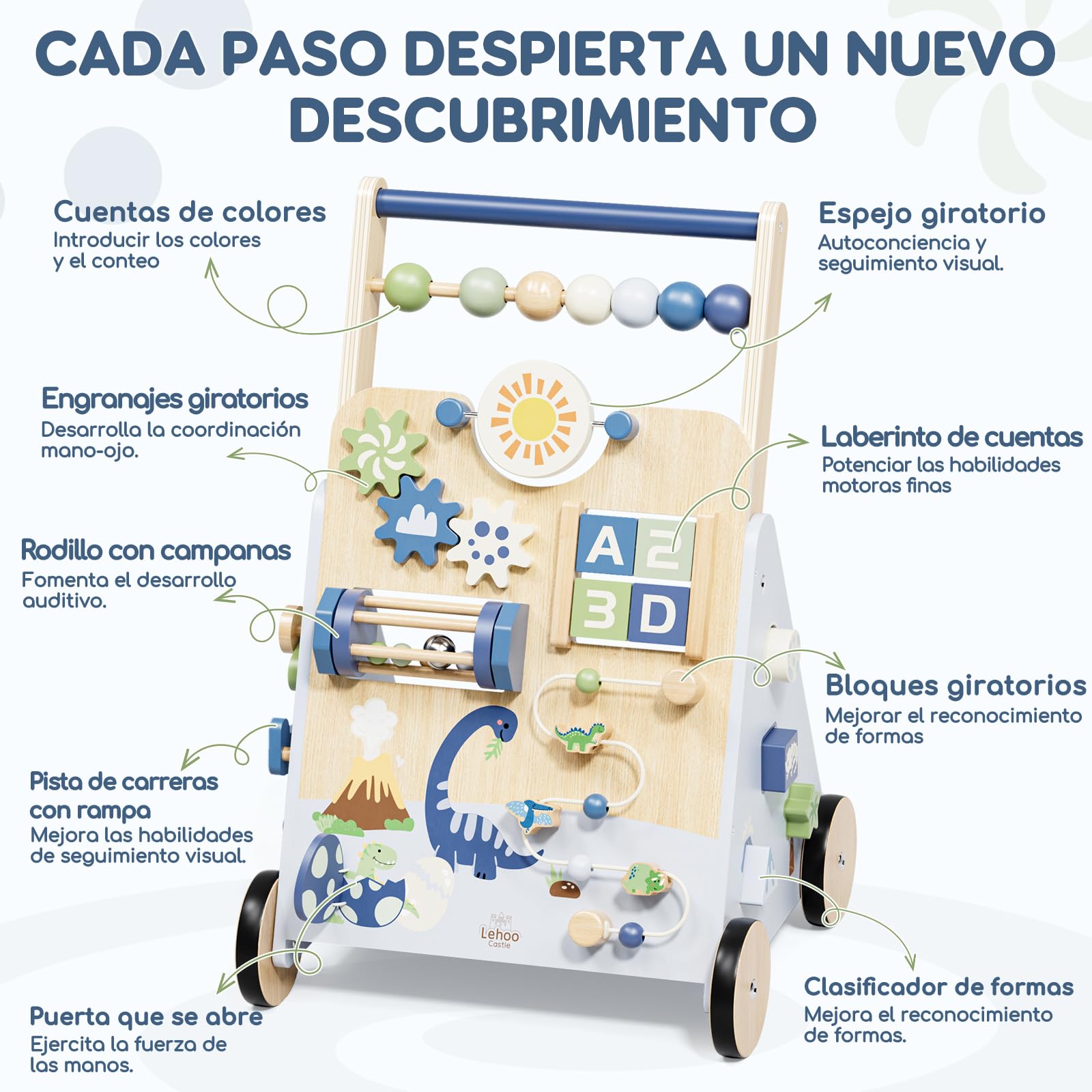 Lehoo Castle Andador Bebes de Madera, Caminador Bebé Dinosaurio | Freno Ajustable, Centro de Actividades 9 en 1, Montaje Fácil, Juego Educativo Montessori, Regalo Bebé Niño 1 Año