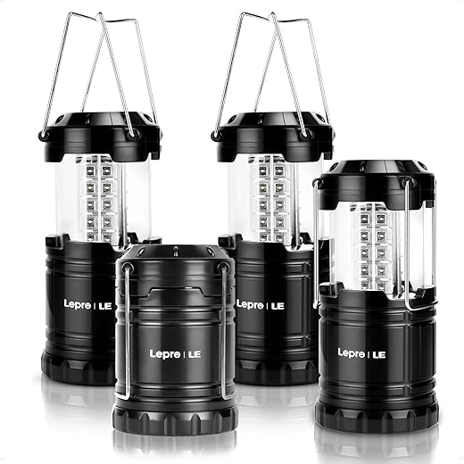 Lepro LED Camping Lanterns Battery Powered, Collapsible, IPX4 Water Resistant, Outdoor Portable Lights for Emergency, Hurricane, Storms and Outages, 4 Pack