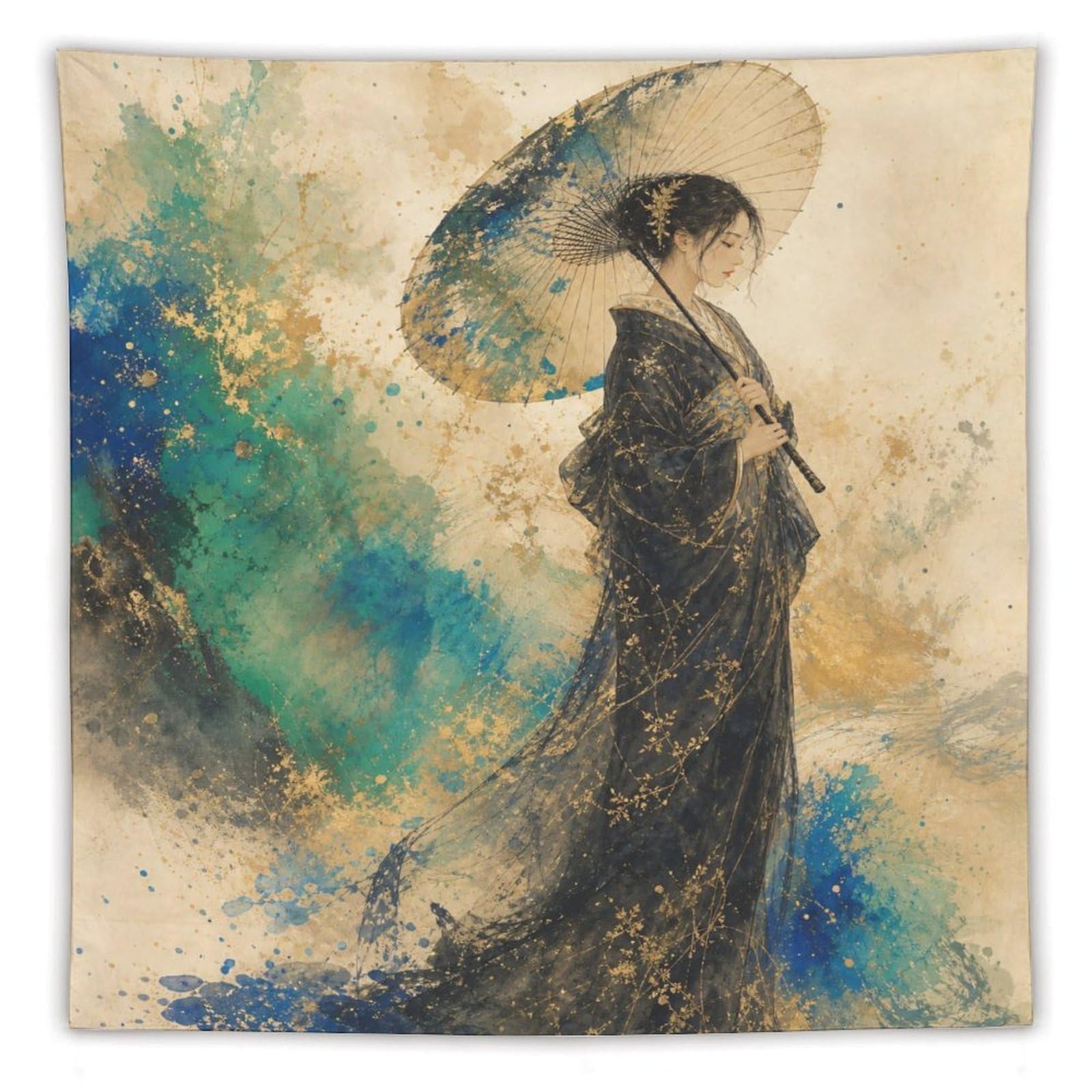 H3B8U2Y5 Woman with Parasol by Turquoise Wave Wall Tapestry, Ukiyo-e, Bed
