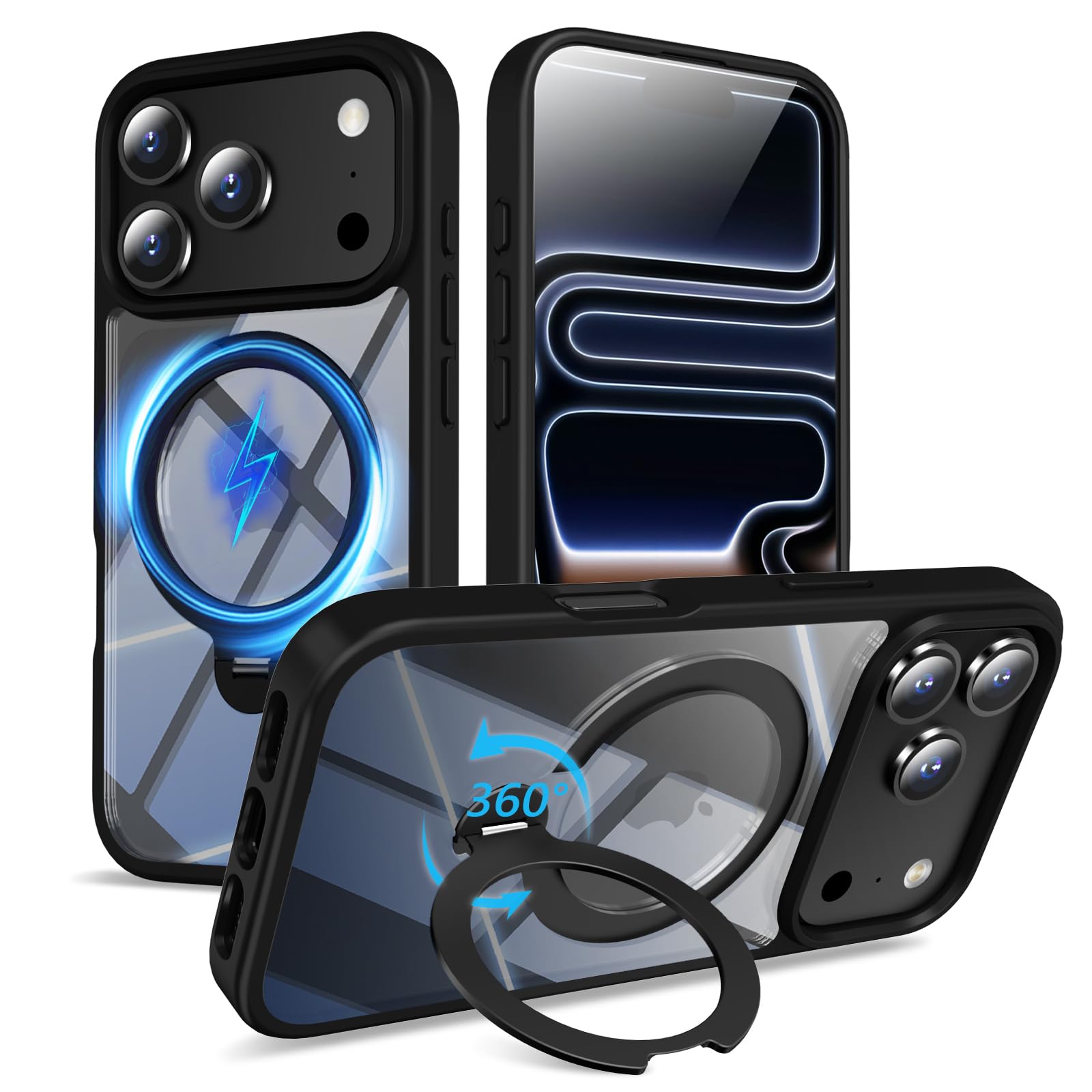 360 Spin Invisible Magnetic Stand for iPhone 17 Pro Case Military Grade Shockproof Compatible with MagSafe Slim Translucent