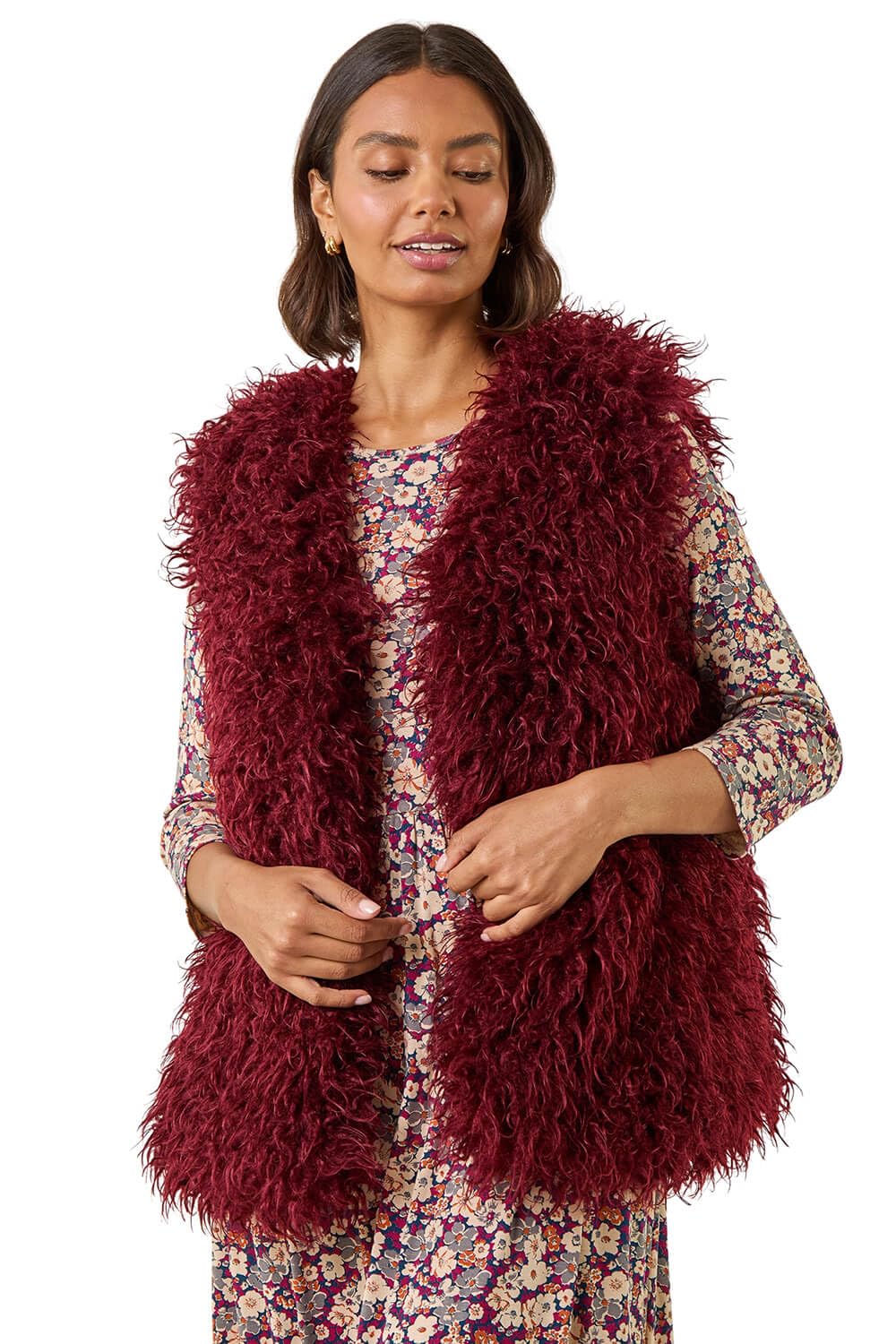 Roman Women's Burgundy Longline Faux Fur Gilet