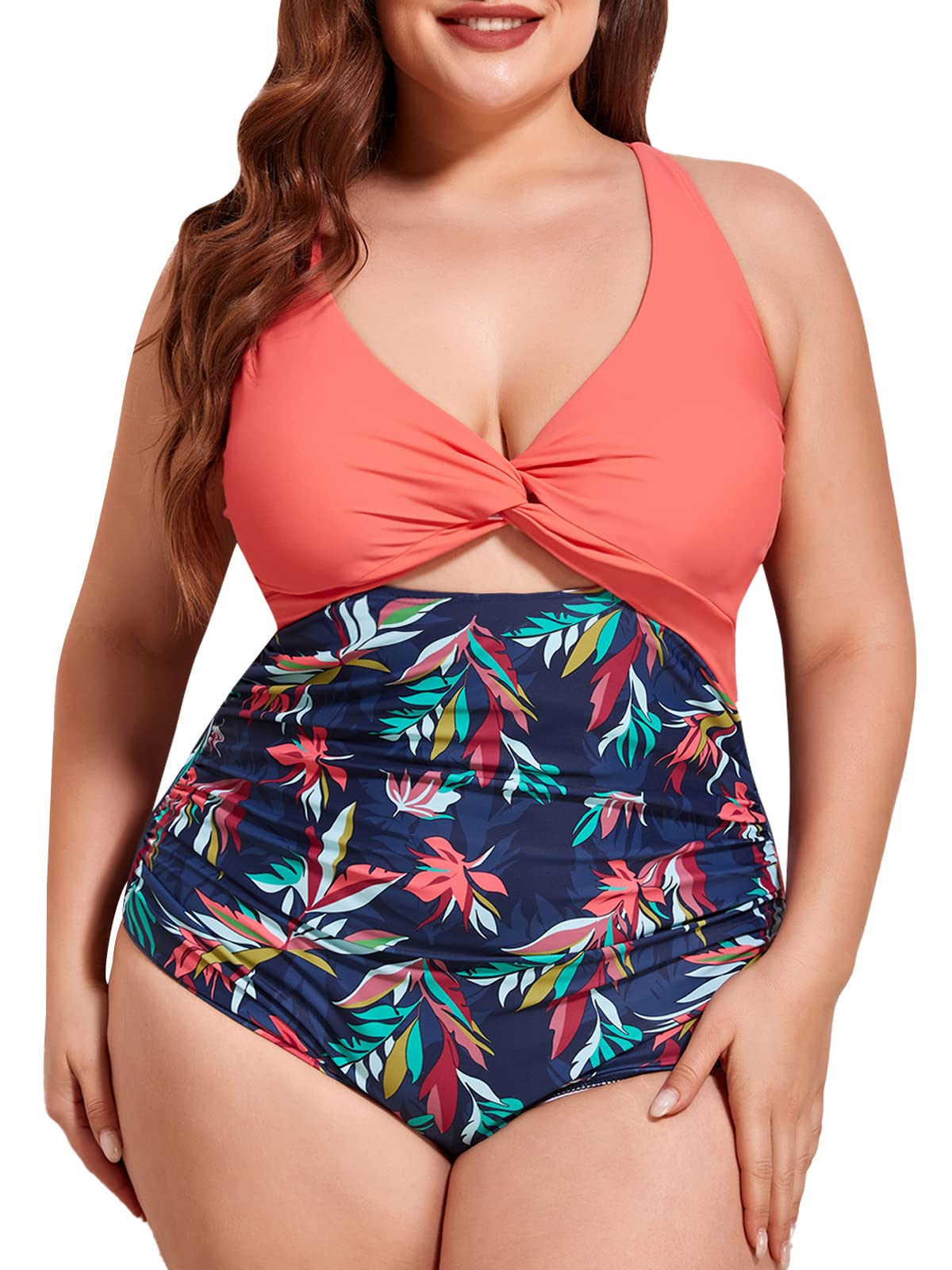 Summer MaePlus Size Swimsuit for Women Cutout One Piece Ruched Monokini Tummy Control Bathing Suit