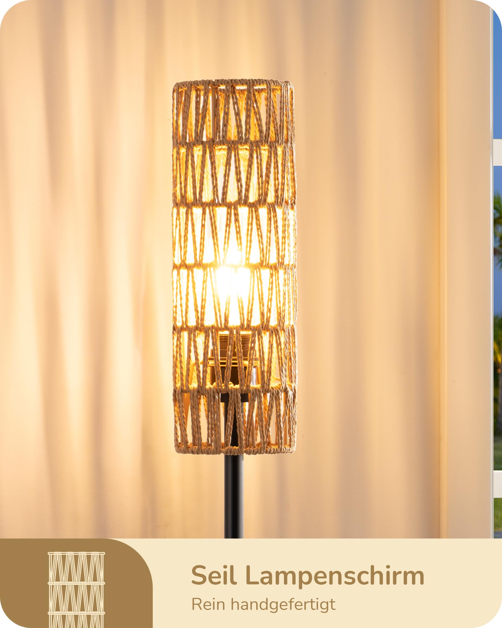EDISHINE Lampa stojąca LED do salonu, lampa stojąca z abażurem z tkanej liny, lampa stojąca vintage 2700 K, styl boho, E27, do sypialni, pokoju dziecięcego lub sofy narożnej, wysokość 165 cm