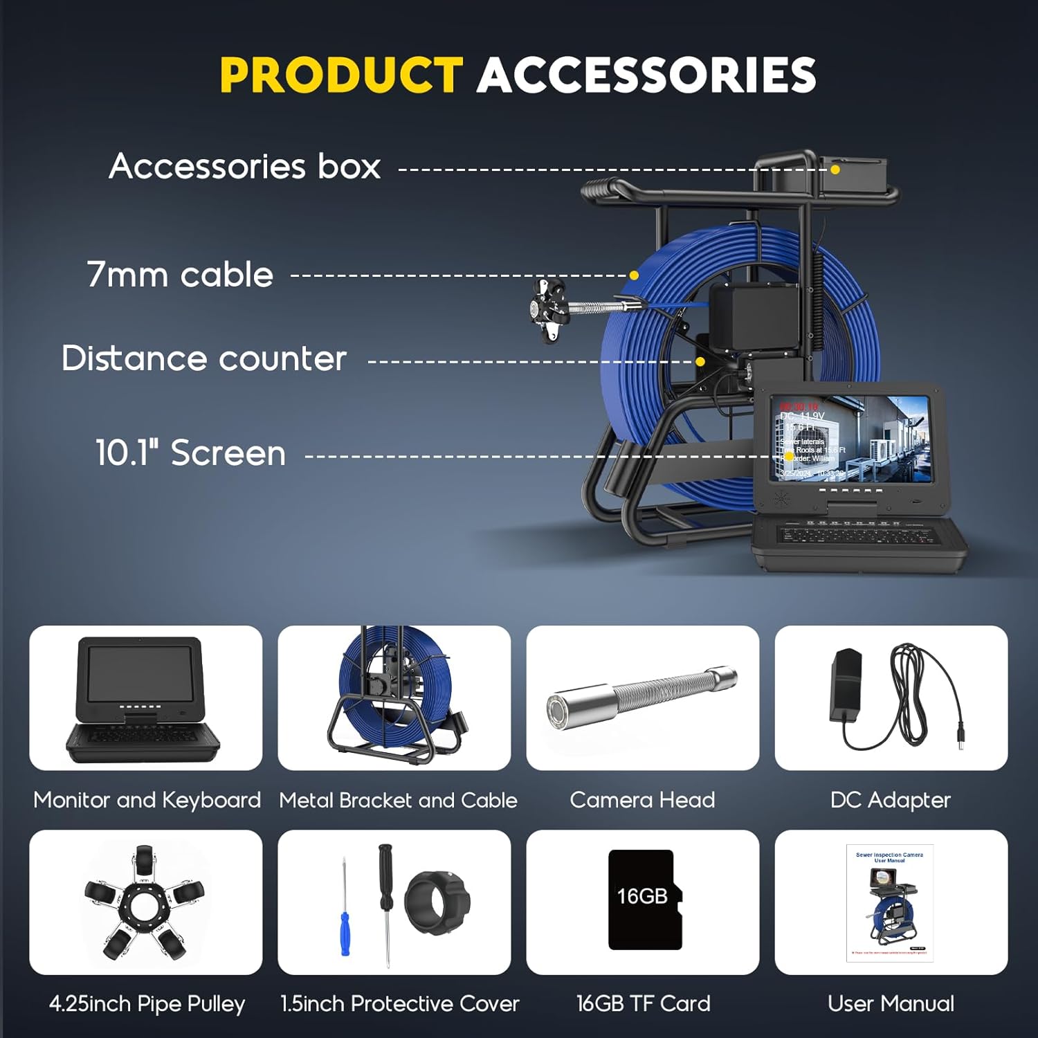 Self Leveling Sewer Camera - 265ft, 0.28in Thicker Cable, 512Hz Transmitter, Distance Counter, Audio/Video Record, Keyboard Input, 10.1'' 1080P IPS Screen Pipe Plumbing Camera Snake