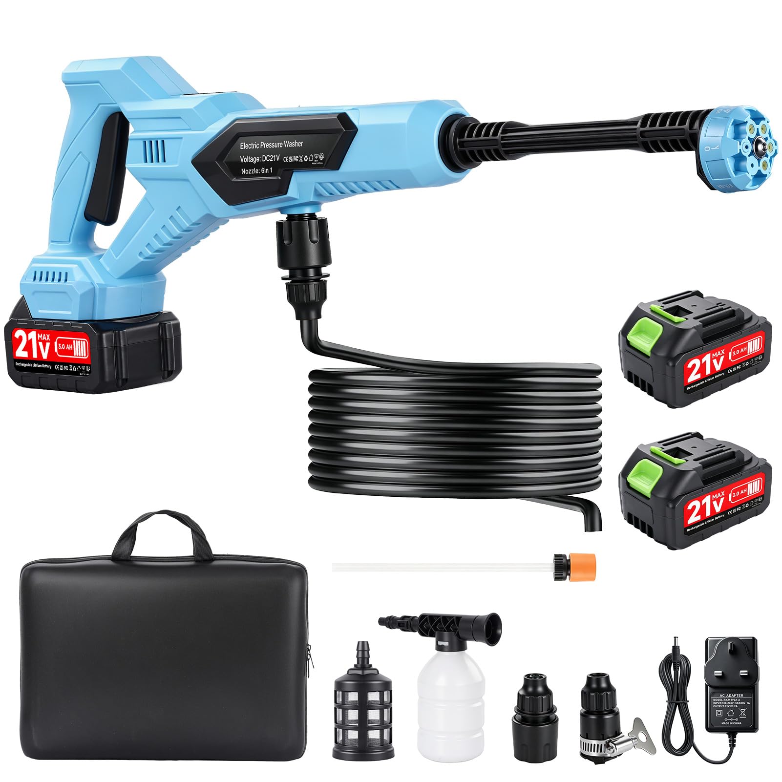 Cordless Pressure Washer, 120Bar/1700PSI Portable Power Washer, Battery High Pressure Washer with 2 x 3.0Ah Batteries, 6 in 1 Nozzle, 5M Hose, Jet Wash for Car Floor Gardening Cleaning