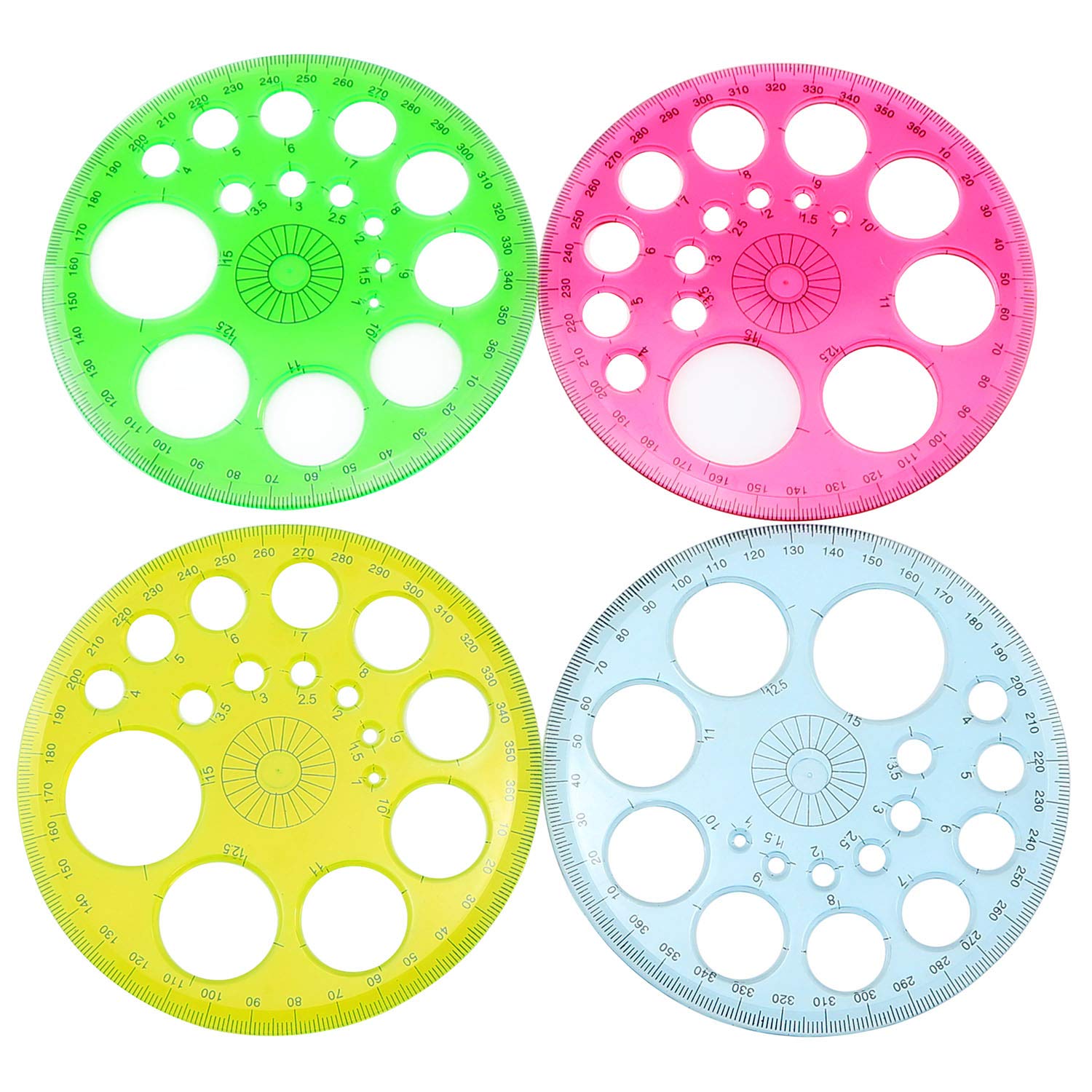 SQXBK Protractor and Circle Maker 4PCS Colorful Transparent 360 Degree Protractor and Circle Maker Template for Small Circles Blue Yellow Green Pink
