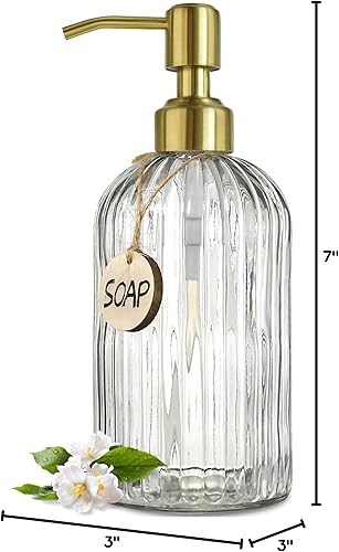 Miniatura 8 de JASAI Dispensador de jabón de vidrio de 18 onzas con bomba dorada para cocina, dispensador de jabón líquido recargable con rayas verticales,
