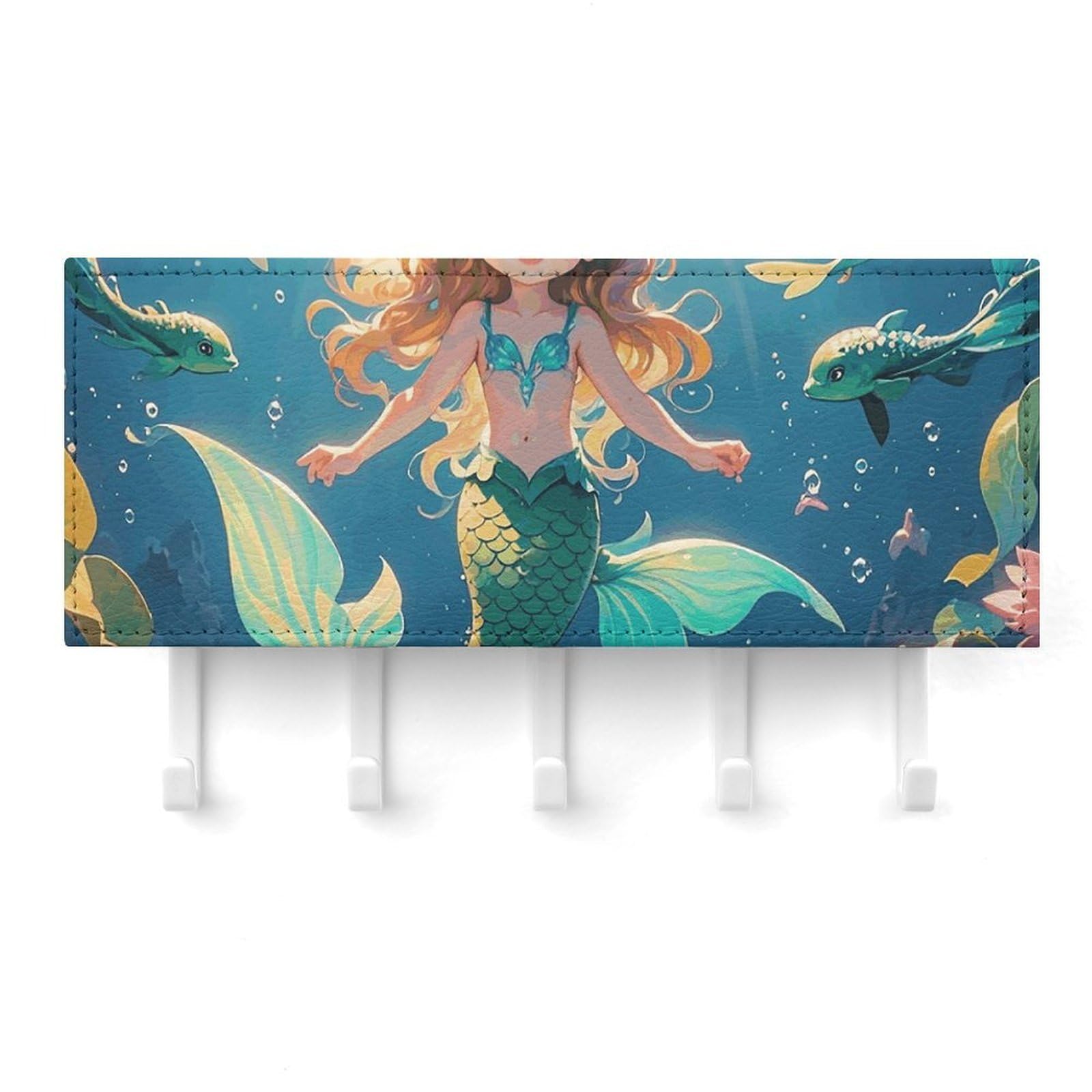QMNLKH Mermaid Wall Mounted Key Rack for Home, No Drilling Key Holder with 5 Hooks, Self Adhesive Keys Chain Organizer for Hallway, Keys Hanger Shelf for Office, Doorway White