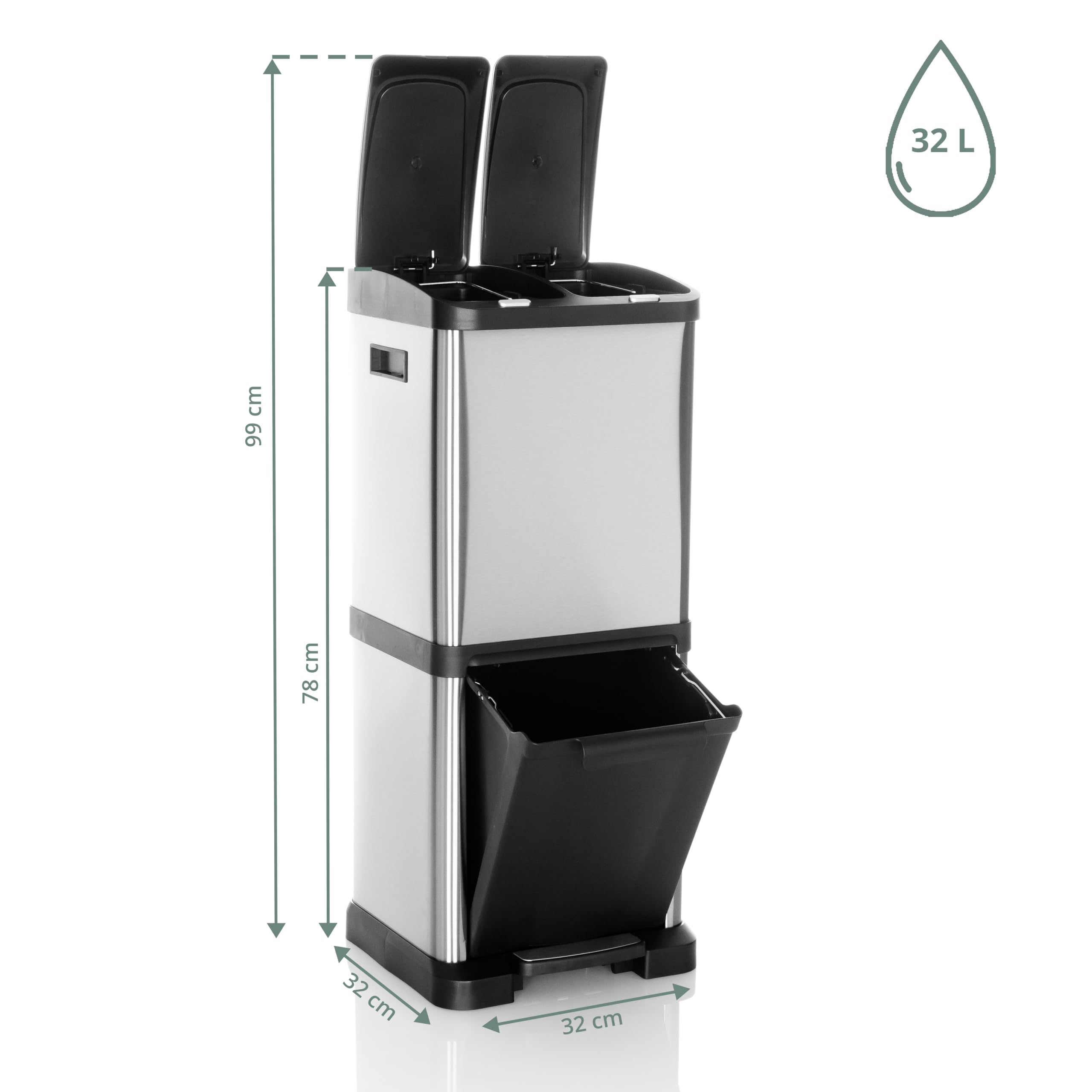 HJH Office cestino CLEAN VII in acciaio, sistema di separazione dei rifiuti con 3 scomparti (2 x 8L + 1 x 16L), uso universale, argento, 741100