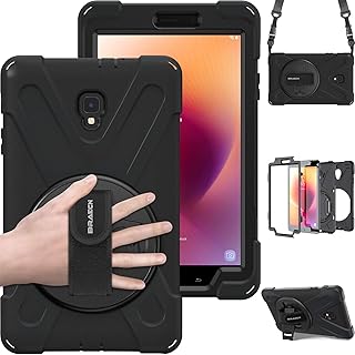 BRAECN Galaxy Tab A 8.0 2017 Case Full-Body Rugged Protective Case with 360 Degree Rotatable Hand Strap/Shoulder Strap for Tab 8.0"(New) T380/T385 2017 Release for Kids Outdoor Workers (Black)