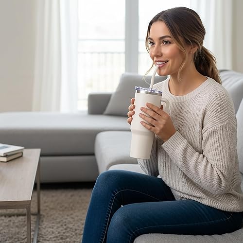 Miniatura 7 de COKTIK Vaso de 40 onzas con asa y tapa con popote, taza de café de viaje aislada al vacío, taza aislada de acero inoxidable para bebidas, a prueba