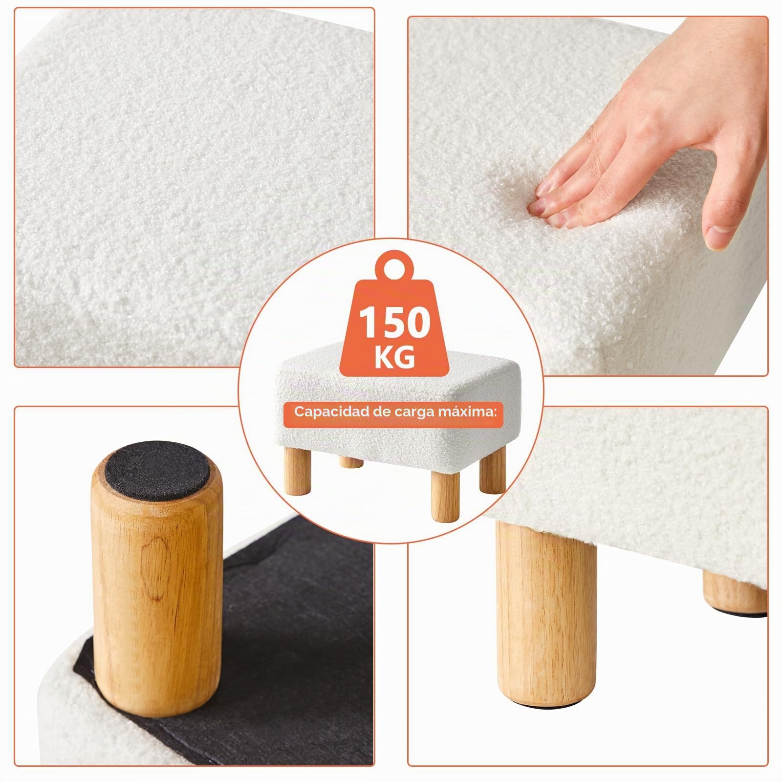 YMYNY Reposapiés Pequeño, Otomanas, Taburete Otomana Rectangular con Patas de Madera Estable, Taburete Bajo, Material de Terciopelo de Teddy, para Sala de Estar, Dormitorio 40×29×25CM Blanco HBD030W