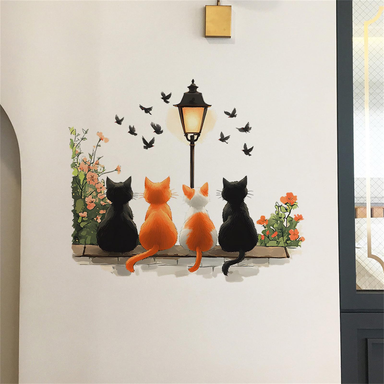 Hikosiya ウォールステッカー 猫 黒猫 蝶々 花 おしゃれ ドアコーナーデコ 剥がせる 壁紙シール 壁 穴隠し 飾り WP26
