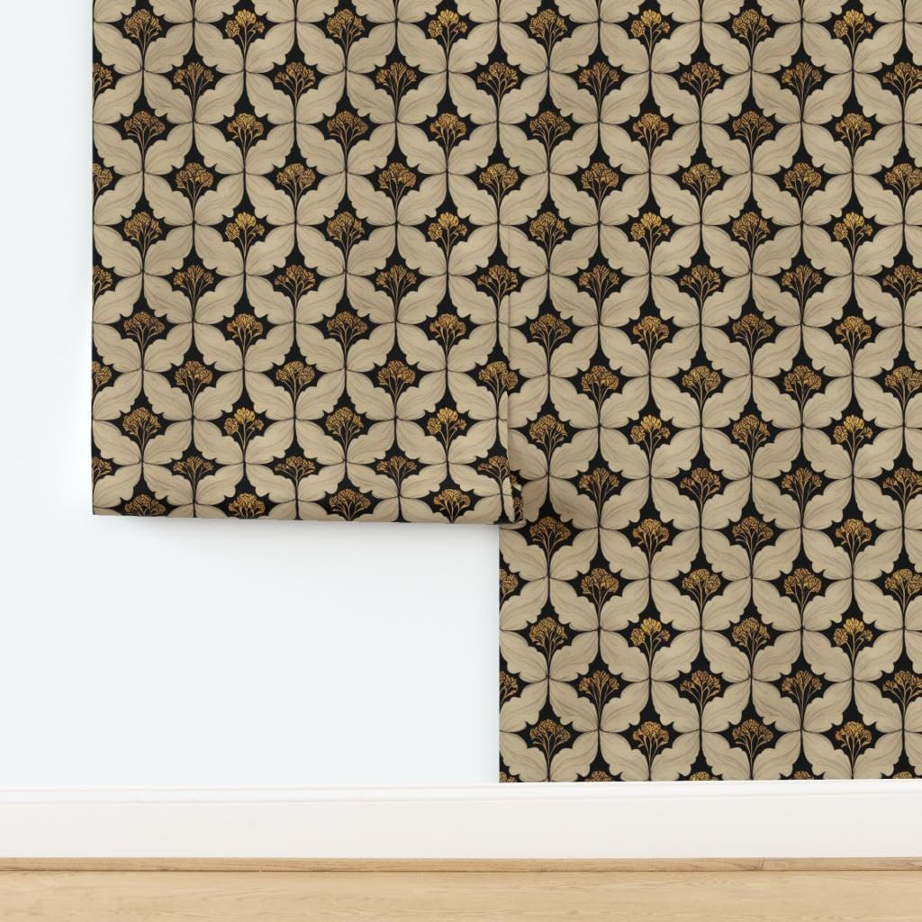 Peel & Stick Wallpaper 6ft x 2ft - Victorian Flowers Art Nouveau Moody Botanical Art Deco William Morris Inspired Leaves Black Beige Custom Removable Wallpaper by Spoonflower