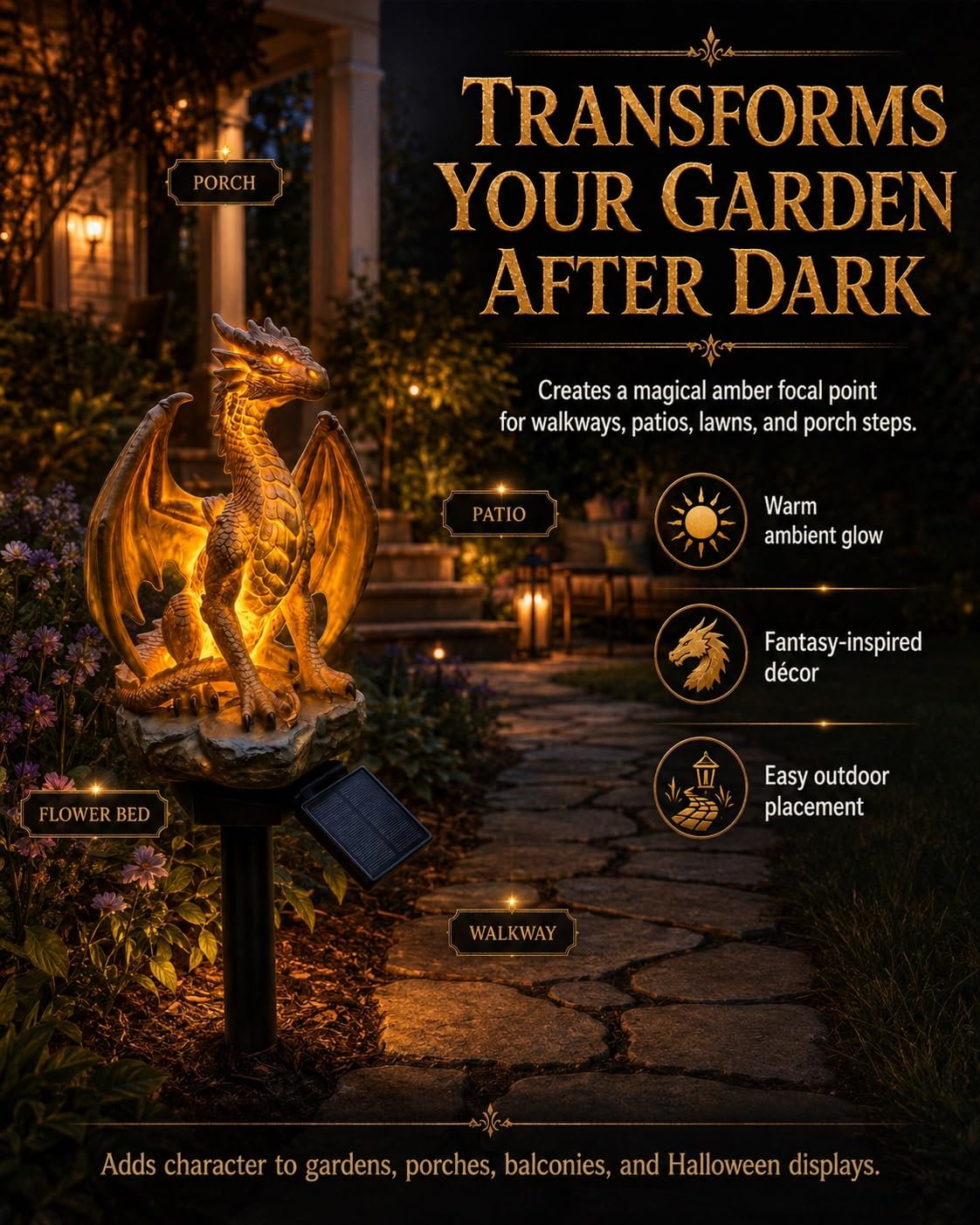 Luci Da Giardino Con Drago Ad Energia Solare, Lampada Per Statuette Da Esterno Con Braci Dorate, Decorazioni Per Statue Da Giardino Di Fantasia Gotica Medievale, Ornamento In Resina