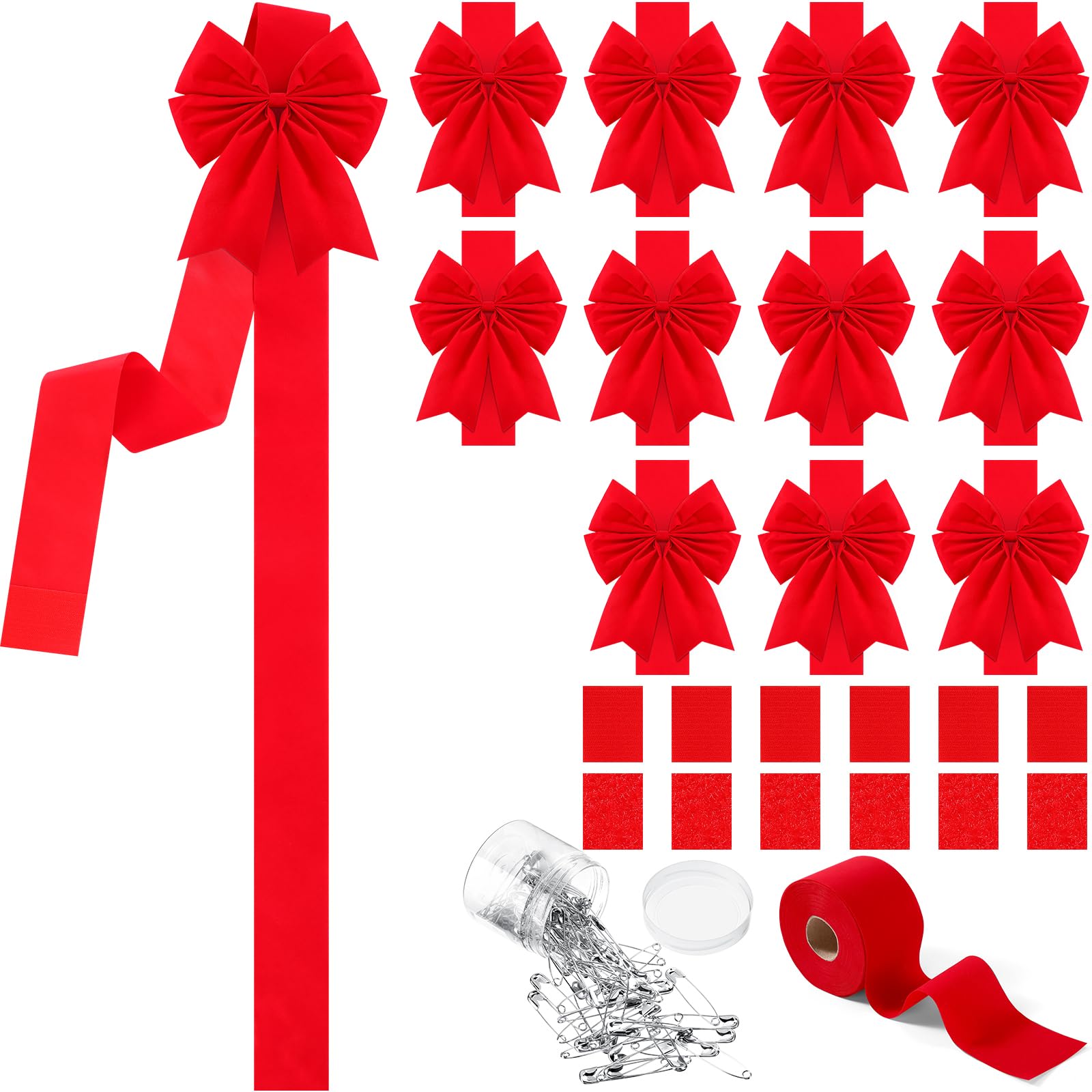 Syhood 12 Fiocchi per Porta di Natale Fiocchi per Nastri Festivi Decorazioni Natalizie per Mobile Fiocco per Nastri con Nastro da 30 m per Albero di Natale Portone Casa, Rosso (Velluto)
