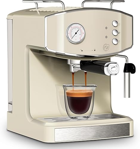 Máquina de café expreso de 20 barras estilo retro con espumador de leche, compatible con cápsulas ESE, medidor de presión, tanque de agua extraíble