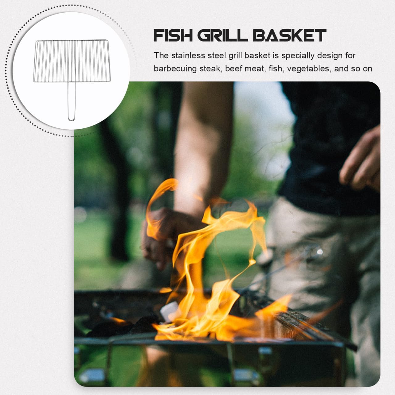 ibasenice Portable Fish Grill Basket Stainless Steel Outdoor Bbq Grill Rack with Heat-Resistant Handle for Camping Grilling Fish Vegetables Shrimp
