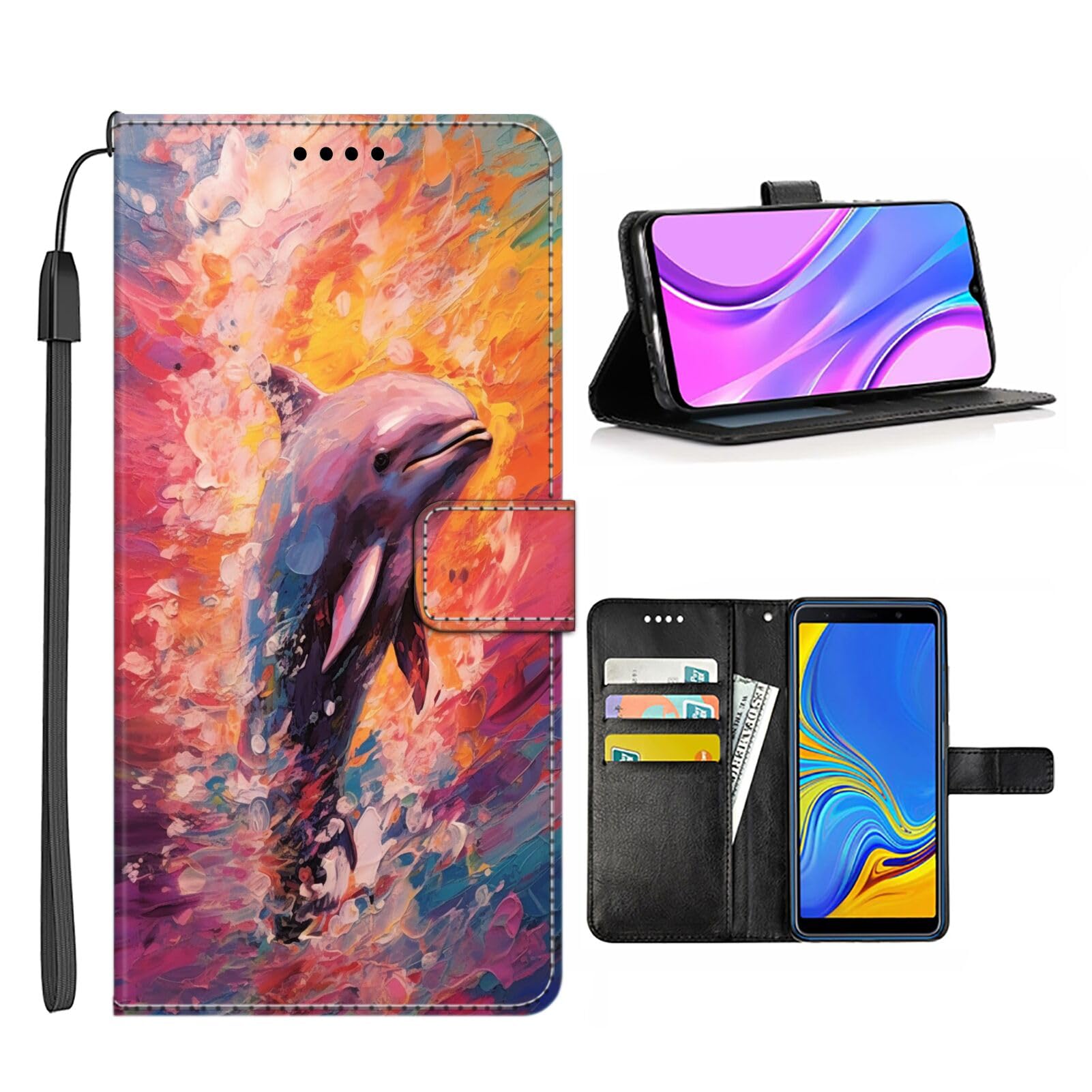SHENCANG BLUE Wallet Case for LG K22 Case Dolphin-aa826 Flip Phone Case Folio Credit Cards Holder Wrist Strap PU Leather Kickstand Slots Flip Case with Magnetic Closure QBJ Case Multicolor