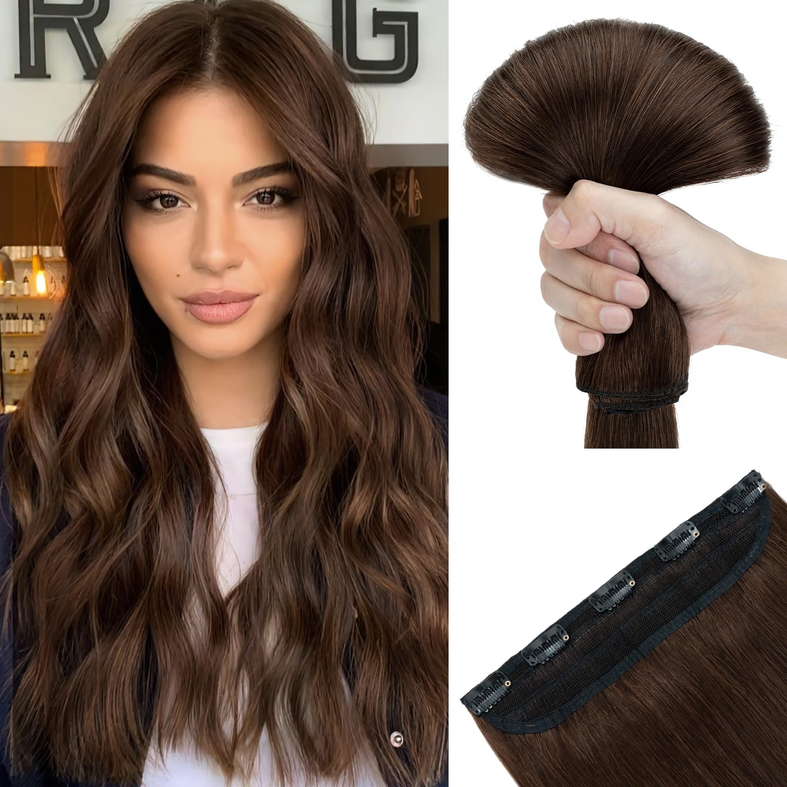SEGOHAIR Clip in Human Hair Extensions, 16" One Piece 5 Clips Thick Clip in Hair Extension - 3/4 Full Head - Dark Chocolate Brown