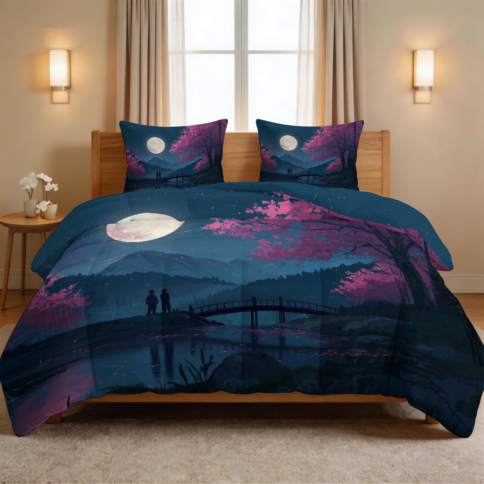 Couette 4 Saisons 220x240 cm en coton lavé haute qualité imprimé lune et fleurs de cerisier