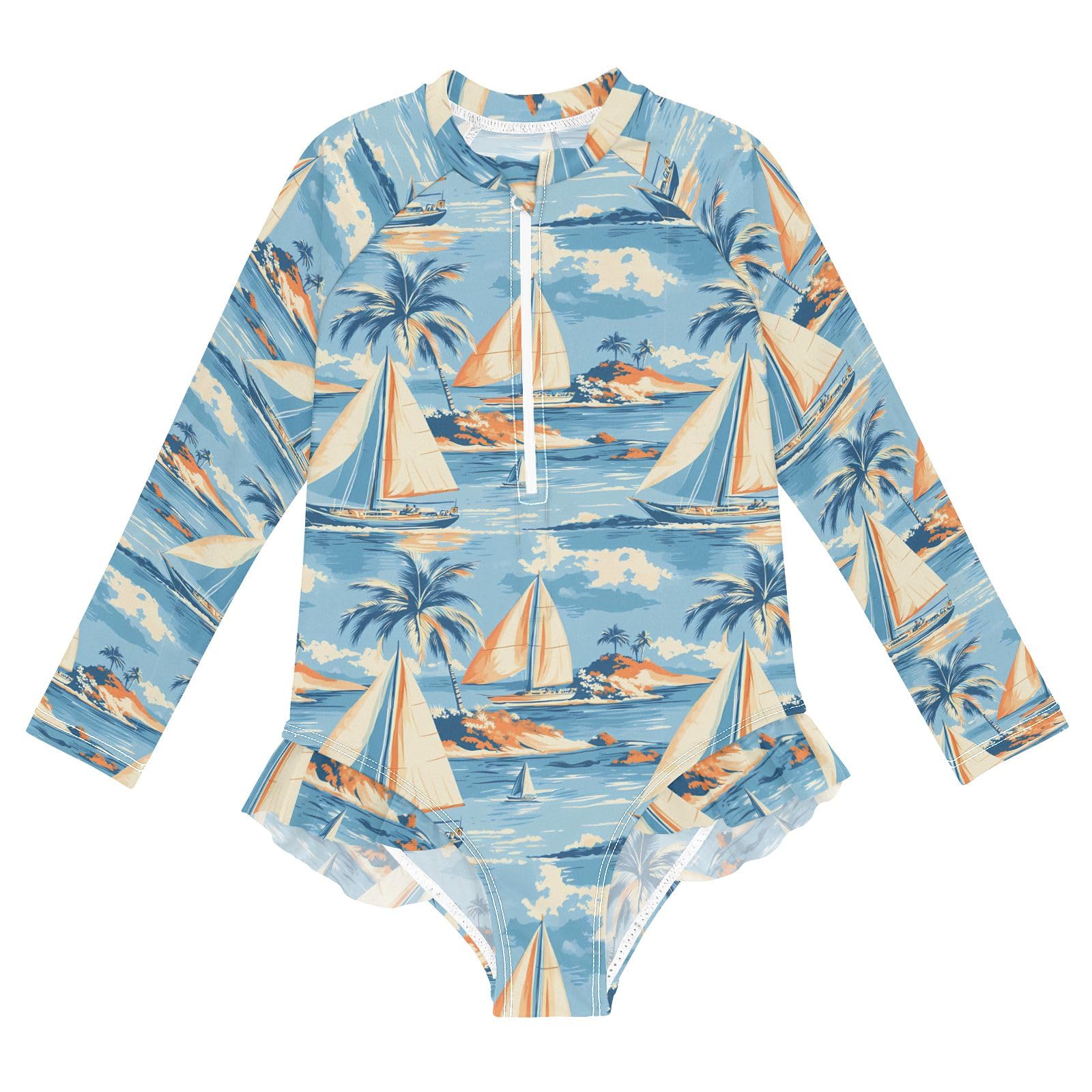 ALAZA Toddler Swimsuit Girl Bathing Suit Swimwear Rash Guard Sailboat Palm Sea Wave Long Sleeve 3T