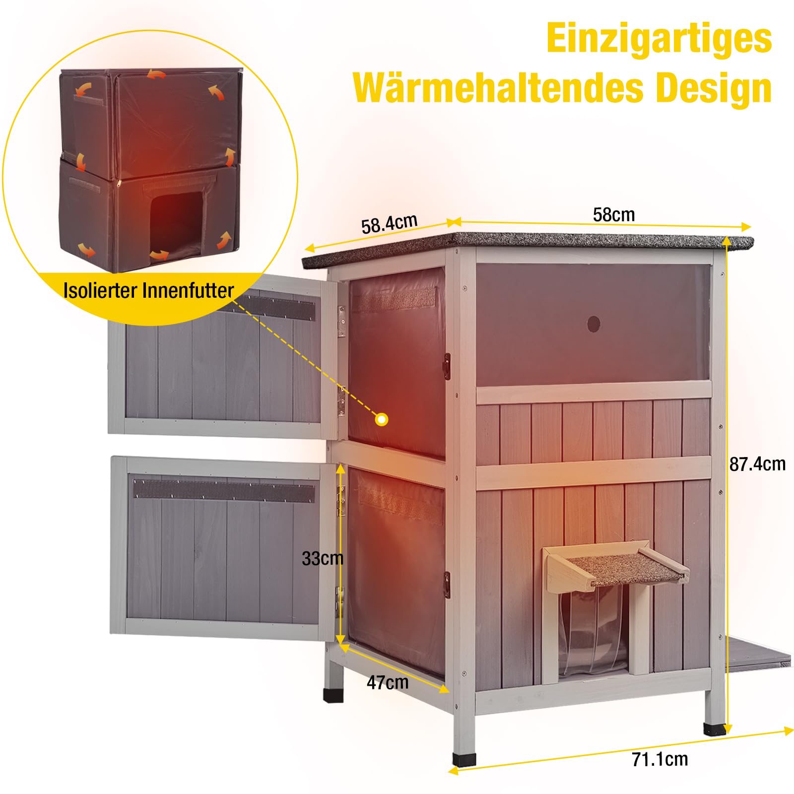 Aivituvin Katzenhaus Outdoor Winterfest aus Holz Isoliert Feral katzenhöhle Wetterfest für Winter Doppelzimmer und wasserdichter Wildkatzen-Schutthaus für den Winter (Grau, L)