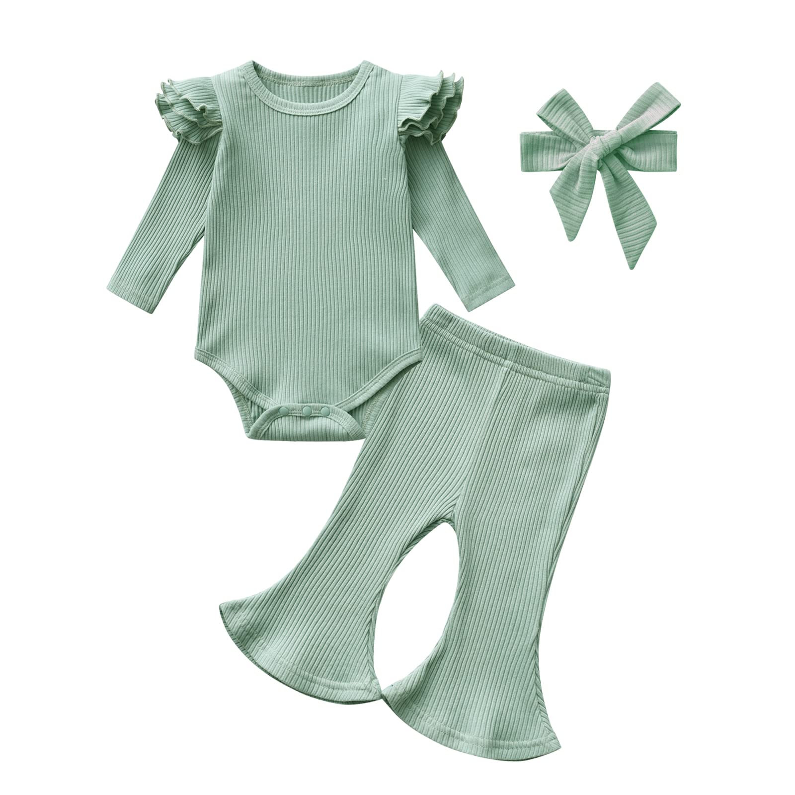 Baby Girl Outfits Long Sleeve Ruffle Romper Bell-bottomed Pants with Headband Cute Baby Girl Clothing