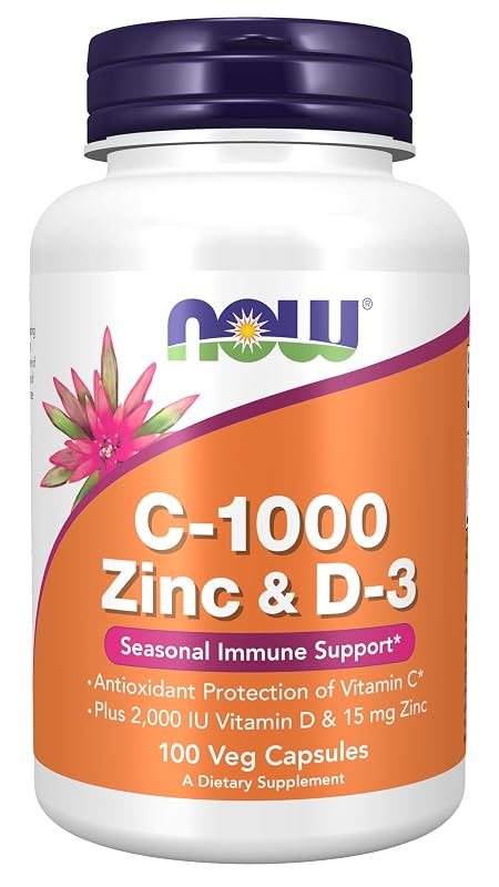 NOW Suplemento para a imunidade com vitamina C 1000 mg, vitamina D3 2.000 UI e zinco bisglicinato 15 mg, 100 cápsulas vegetarianas