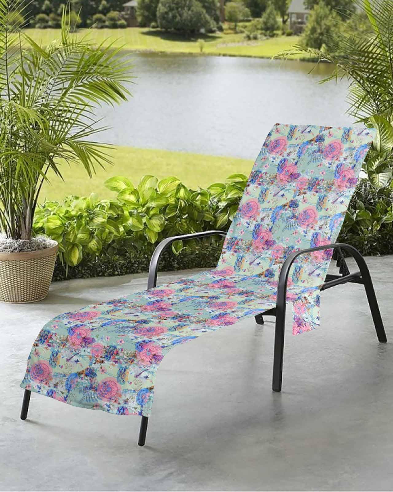 Abstract Floral Beach Chair Towel Covers for Chaise Lounge with Side Pocket, Soft Plush Pool Towels Cover for Patio Sunbathing Outdoor 29''x85'' Contemporary Street Art Pink Blue Art