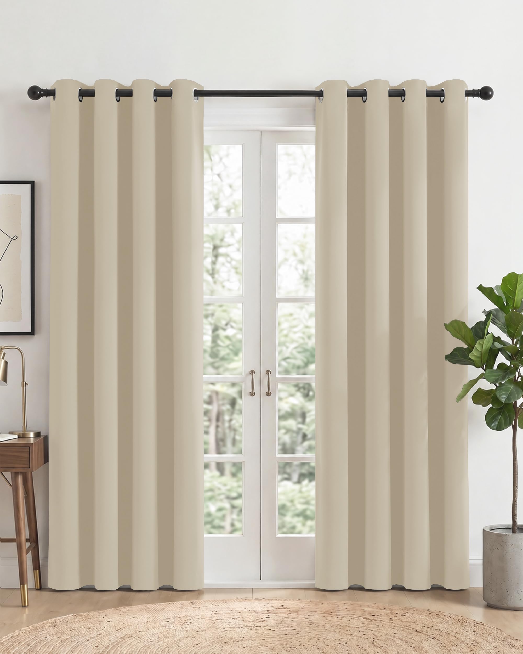 PONY DANCE Beige Eyelet Blackout Curtains 2 Panels W52 xL84, Thermal Insulated Room Darkening Drapes for Master Bedroom & Sitting Room, Classic Energy Saving Privacy Noise Reducing — image 1