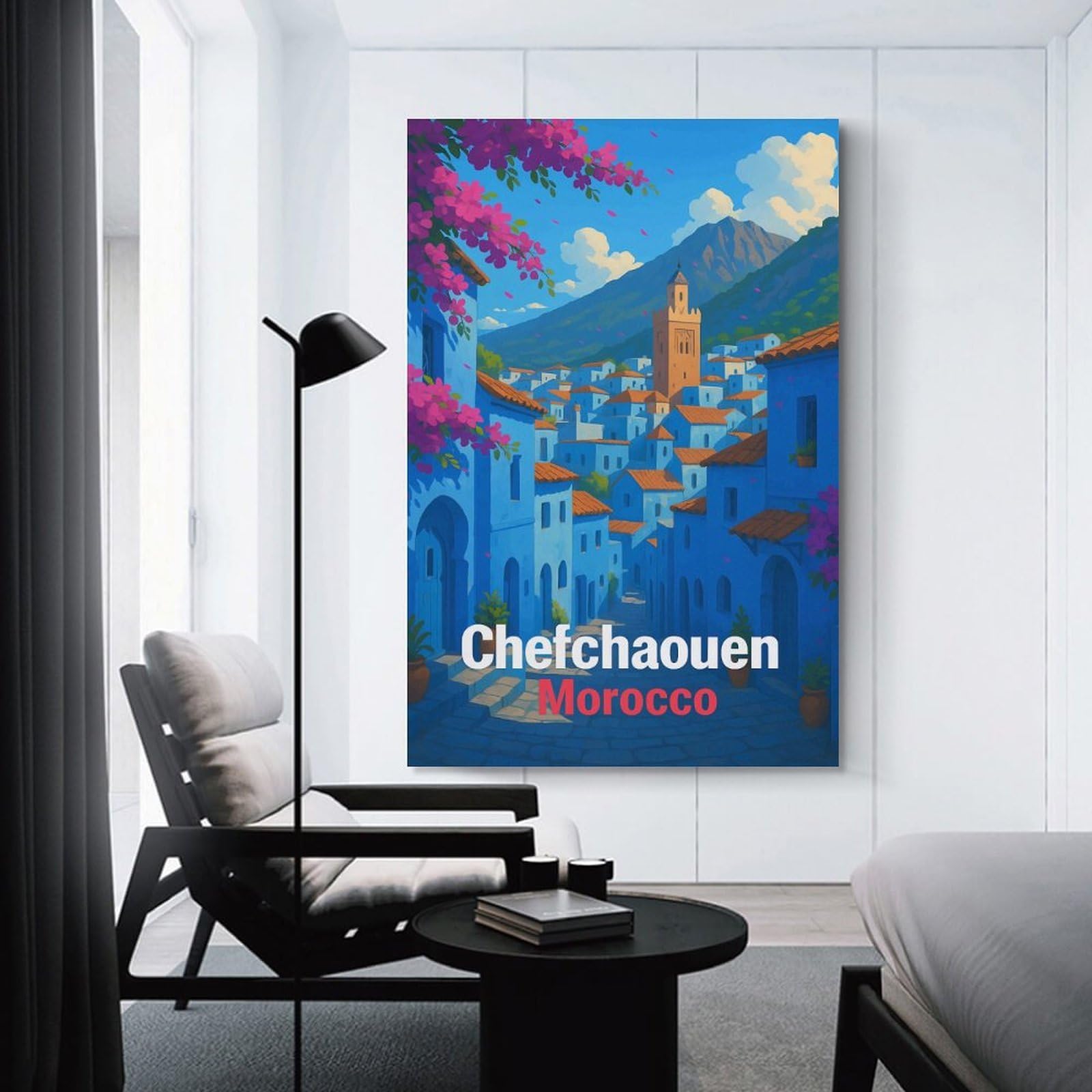 Junmoney Chefchaouen, Morocco Blue Cityscape Wall Art Print, 20x30inch(50x75cm), for Living Spaces, Bedrooms Or Relaxed Rooms, Decorative Artwork for Empty Walls