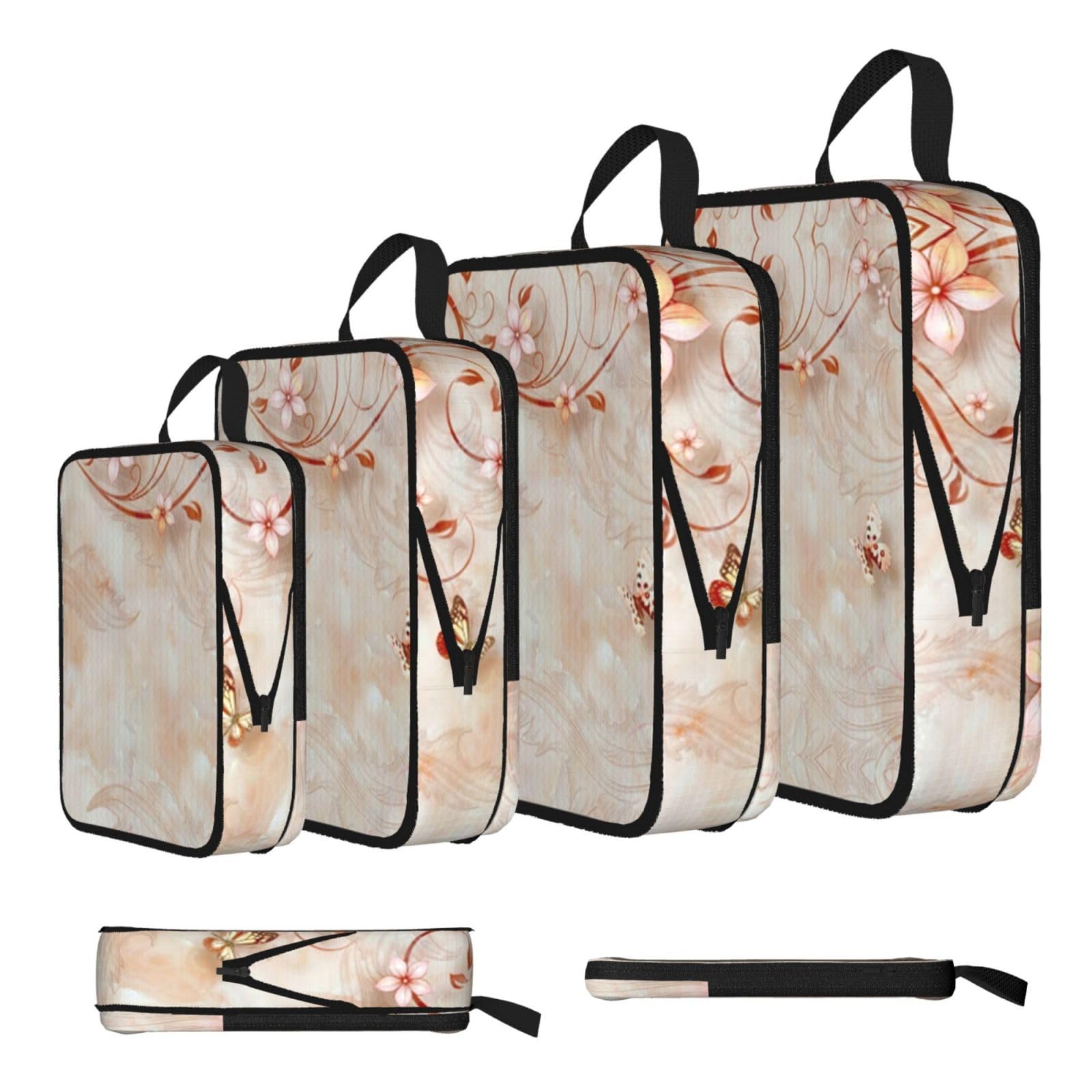 Esnaiuvcd Black Flower Print 4 Set Compression Packing Cubes For Suitcases,Expandable Storage Bags Organizers